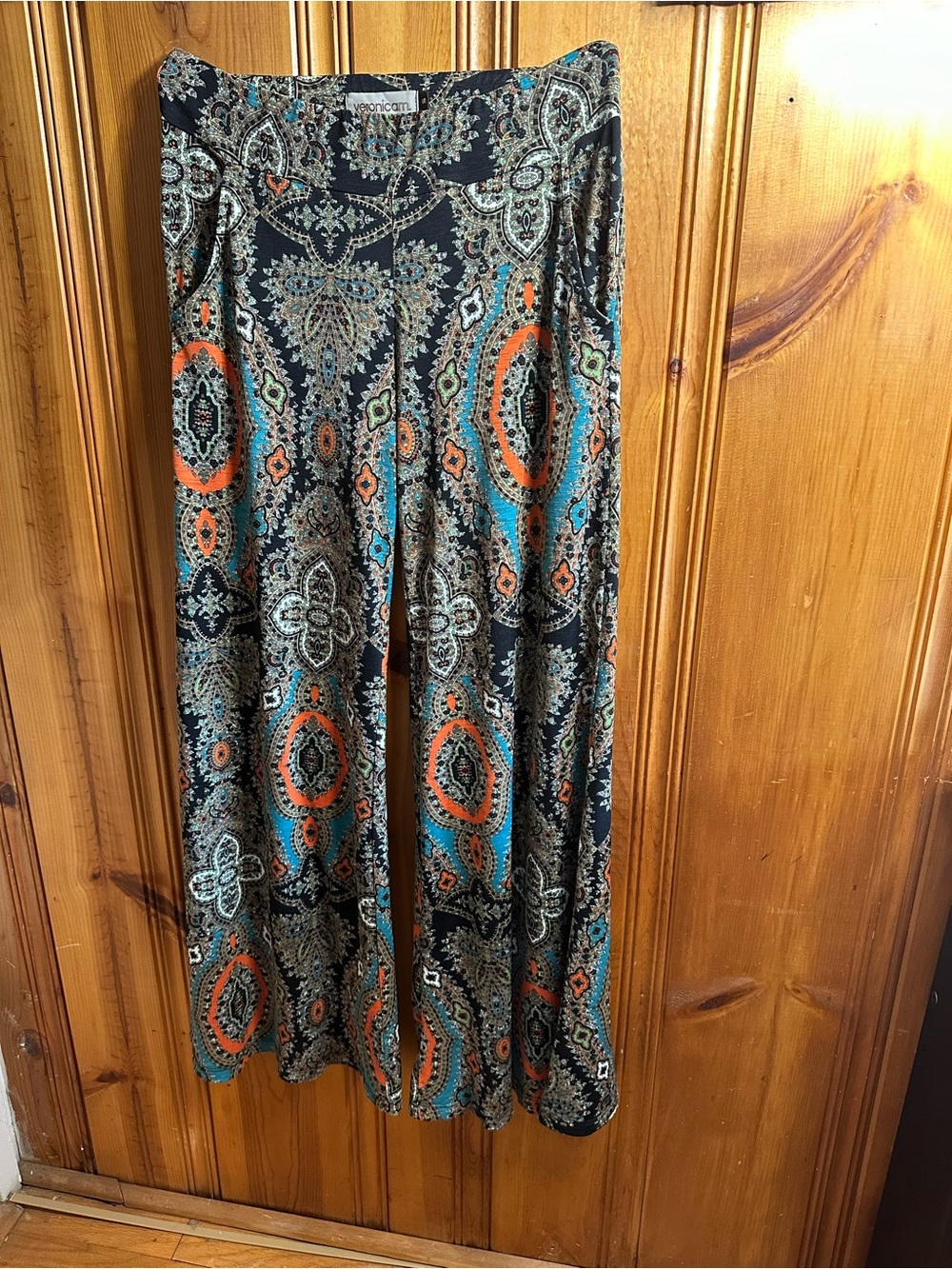 Veronica M Black Paisley Print Wide-Leg Pants with Teal & Orange Accents